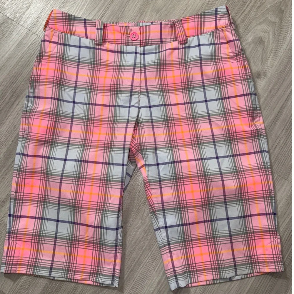 Nike Golf Tour Performance Dri-FIT Plaid Shorts Pink Orange Grey Womens 8